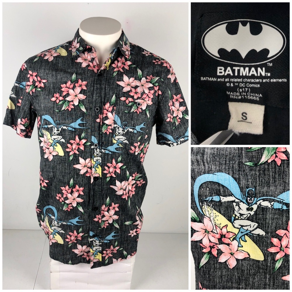 DC Comics Batman Mens Small Shirt Floral Inside Out Print Reverse Surf Rare EUC